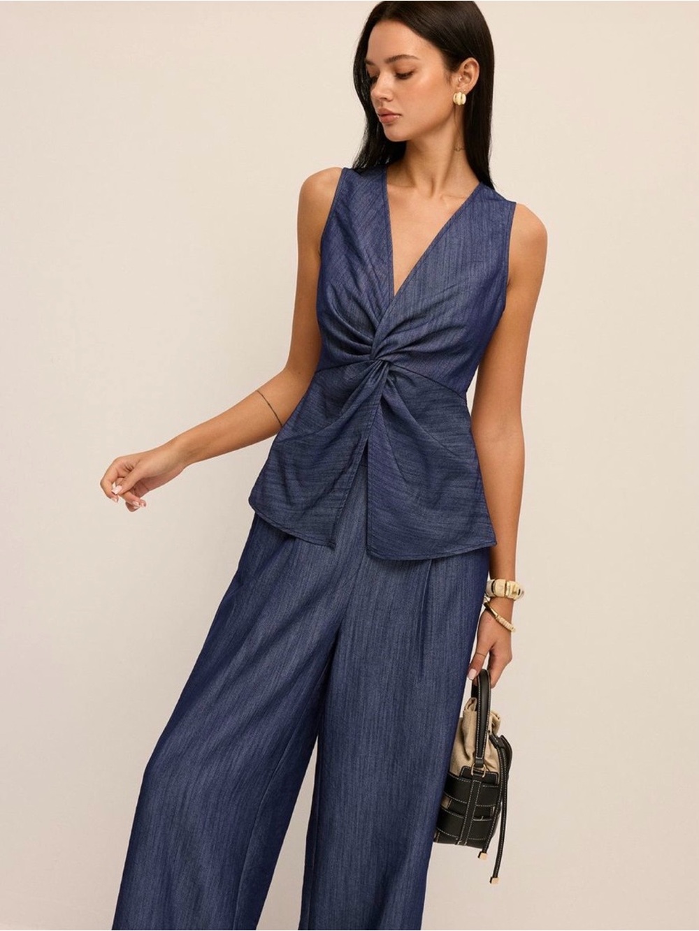Sleeveless Twist-Front Wide Leg Jumpsuit - Navy